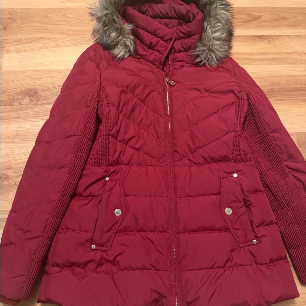 Michael Kors Burgundy Puffer Jacket with Faux Fur Trim